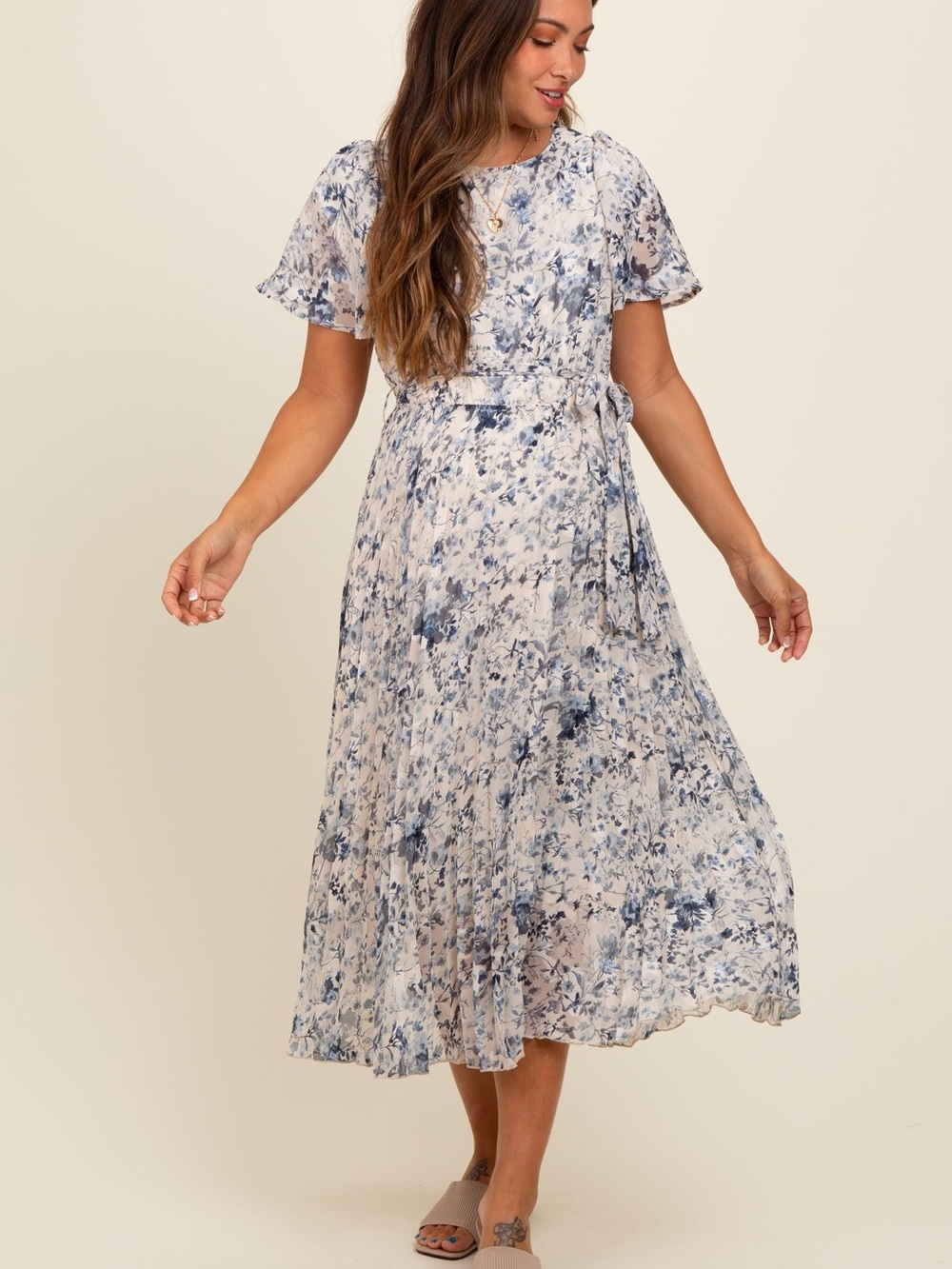 Cream Floral Pleated Maternity Midi Dress